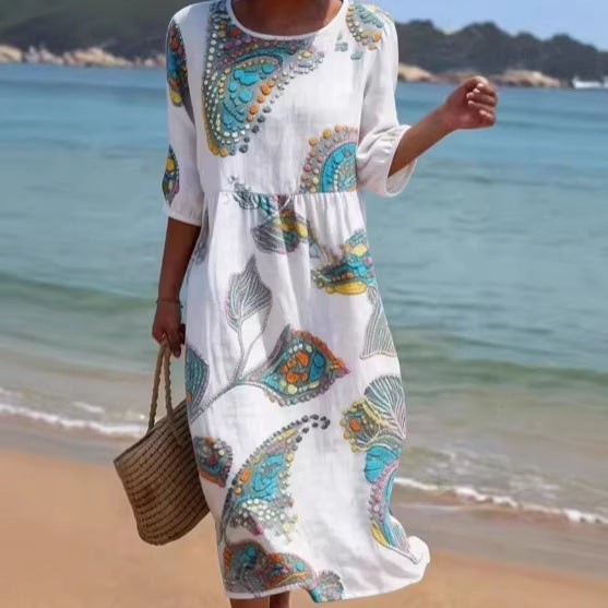 Women's 3D Floral Print Long-Sleeve A-Line Dress – Crew Neck Loose Fit