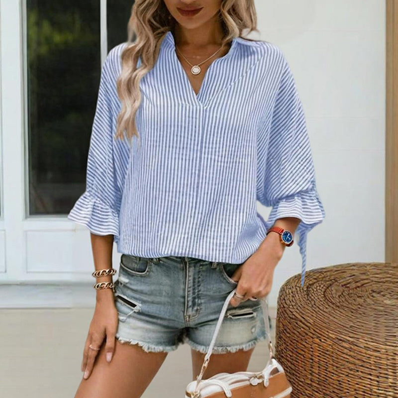Women’s Striped V‑Neck Blouse with Ruffled Cuffs & Tie‑Back Slit