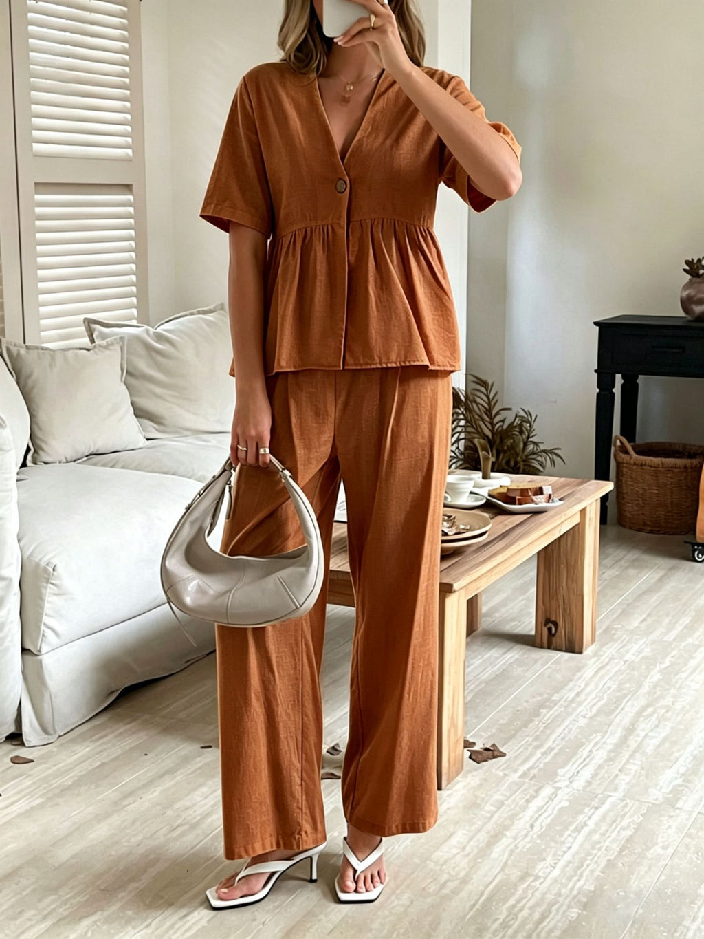 Women's V-Neck Loose Short-Sleeve Top & Wide-Leg Pants Set
