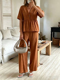 Women's V-Neck Loose Short-Sleeve Top & Wide-Leg Pants Set