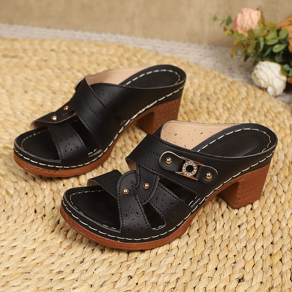 Women's High-Heel Slip-On Sandals – Round Toe Summer Slippers