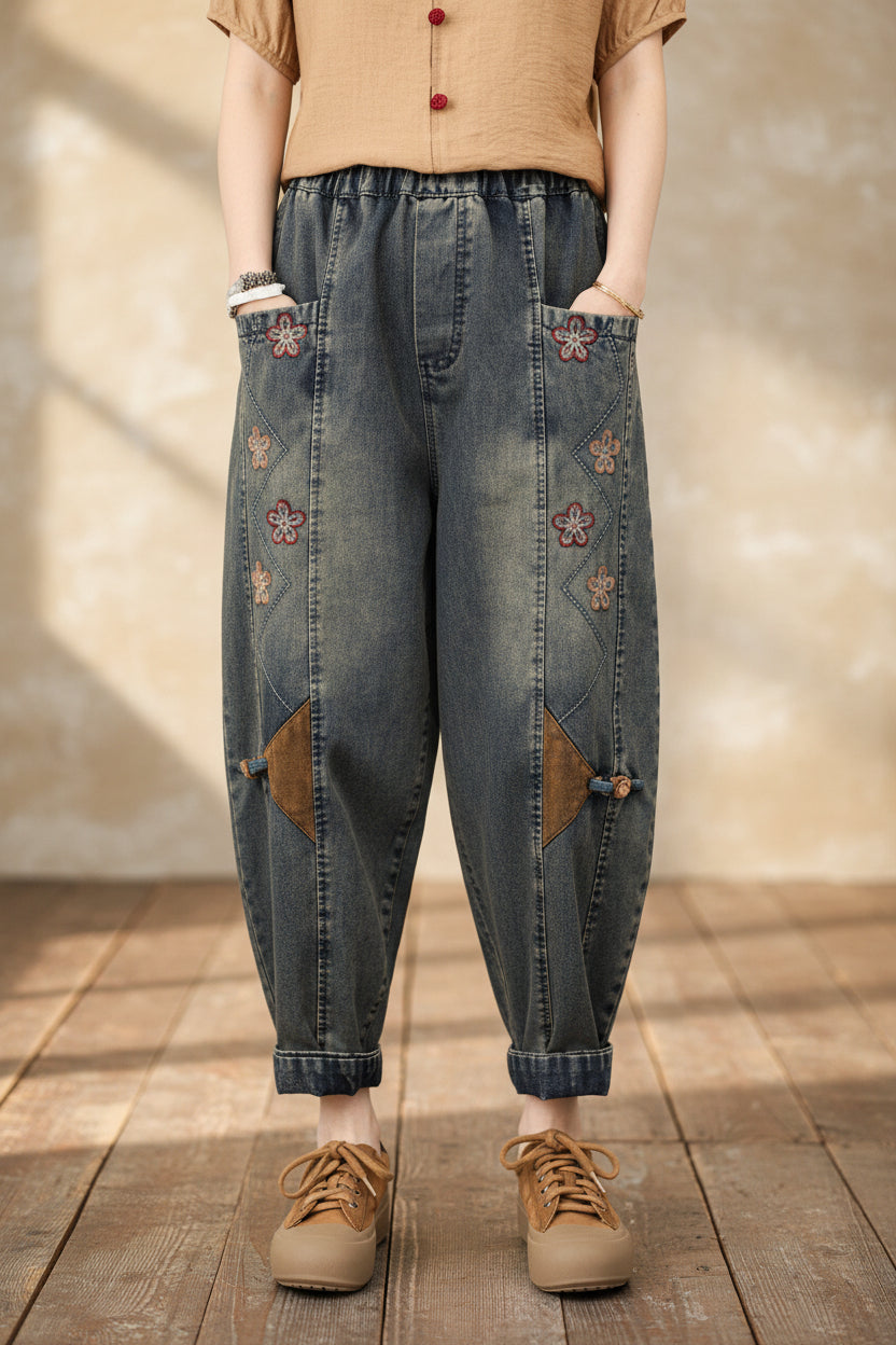 Patchwork Embroidered Cropped Harem Pants – Women's Wide Leg High Waist Denim