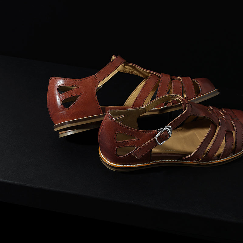 Women's Washed Full Grain Leather Fisherman Sandals – Closed-Toe Woven T-Strap