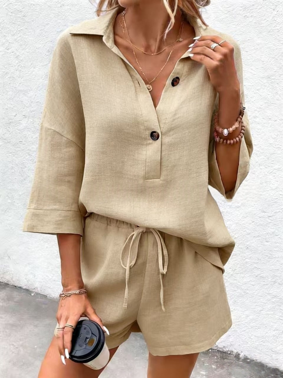 Women's Notch-Lapel Short-Sleeve Top & Belted Shorts Two-Piece Set