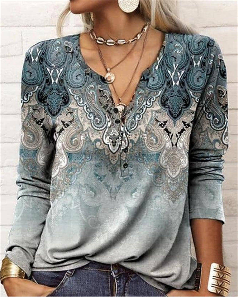 Women's Ethnic Print V-Neck Long Sleeve Loose T-Shirt