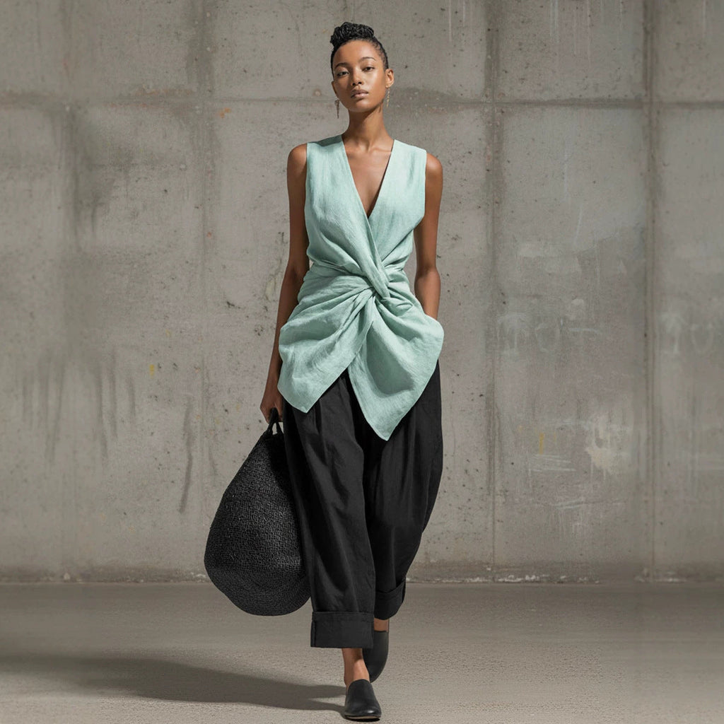 Women's Tie-Front V-Neck Sleeveless Top & Wide-Leg Pants Set