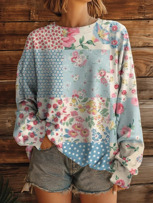 Women’s Printed Crew-Neck Sweatshirt – Long Sleeve Casual Top