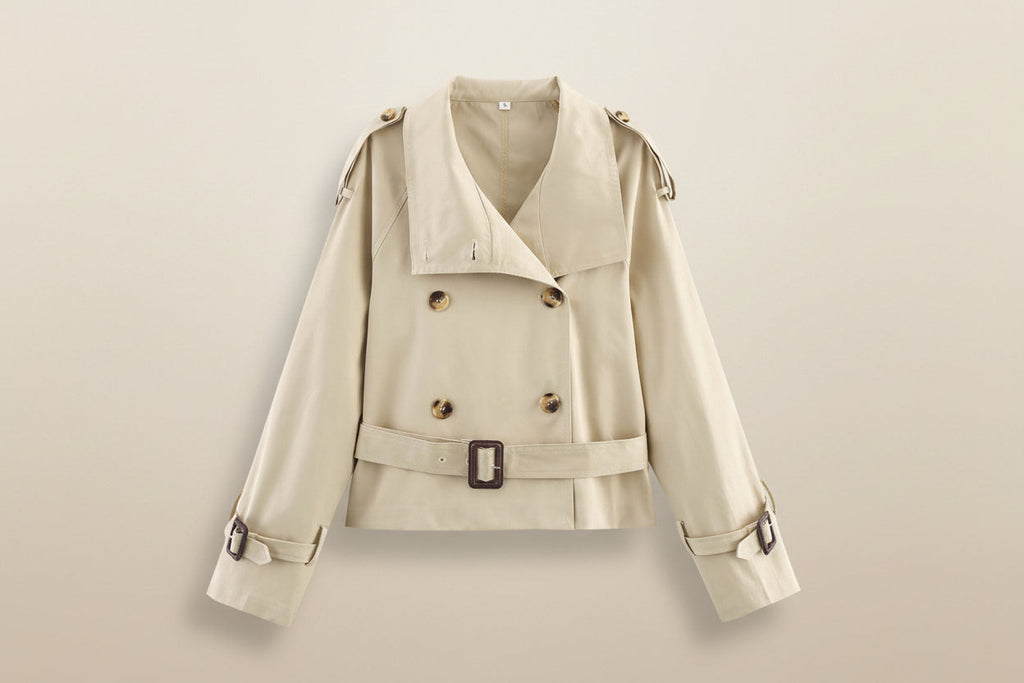Women's Notch-Collar Short Trench Coat with Belt Buckle Detail