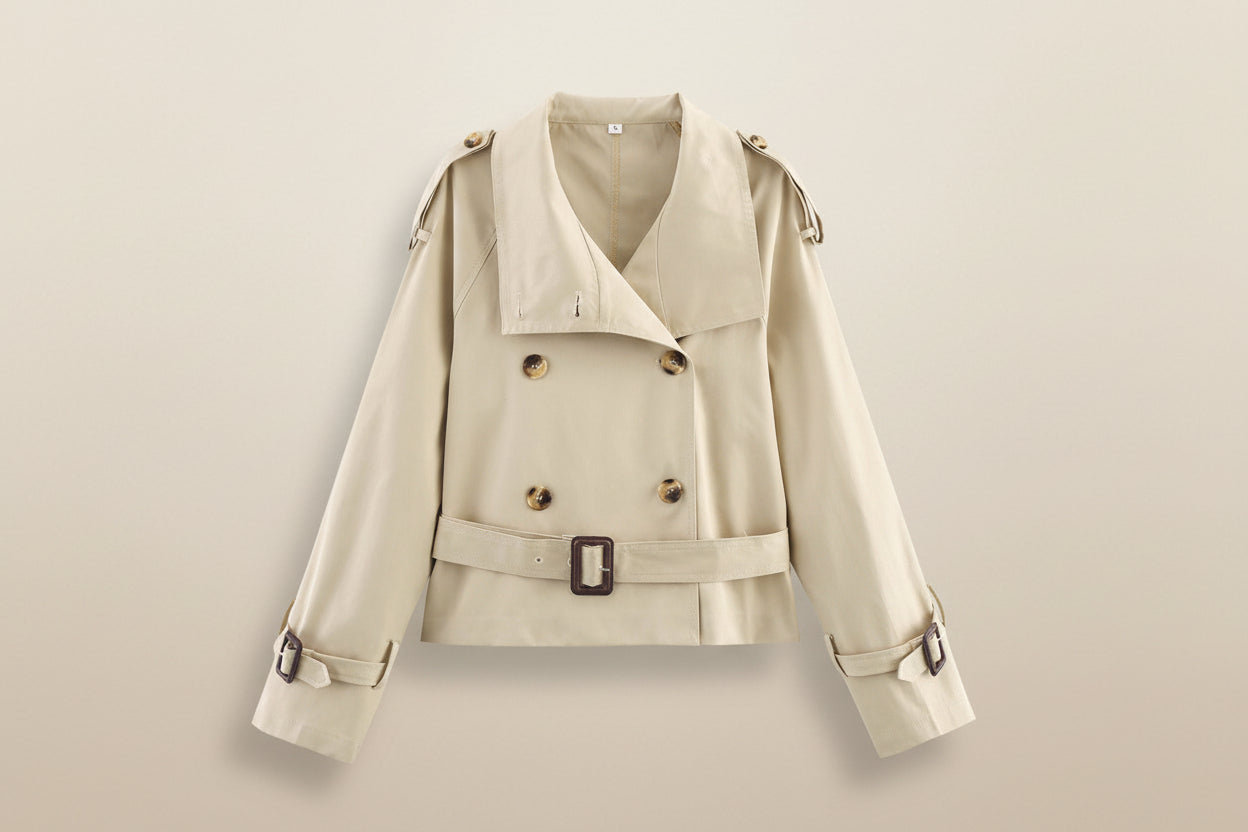 Women's Notch-Collar Short Trench Coat with Belt Buckle Detail