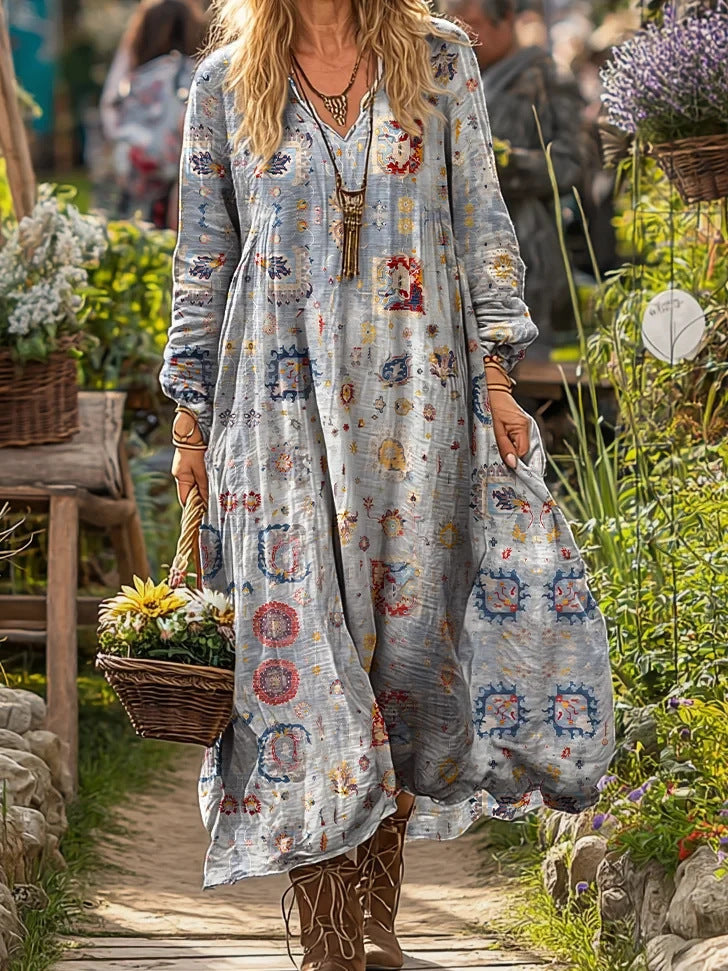 Women's Retro Chic 3D Print V-Neck Long-Sleeve A-Line Dress