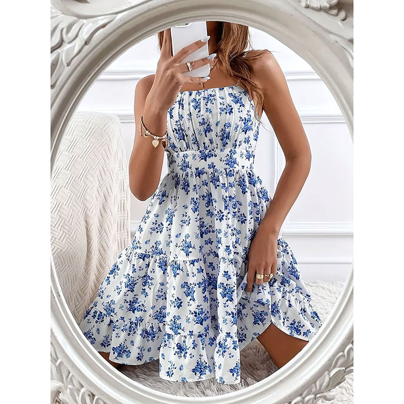 Floral Print Smocked Mini Dress Spaghetti Strap Slim Fit Flowy Dresses