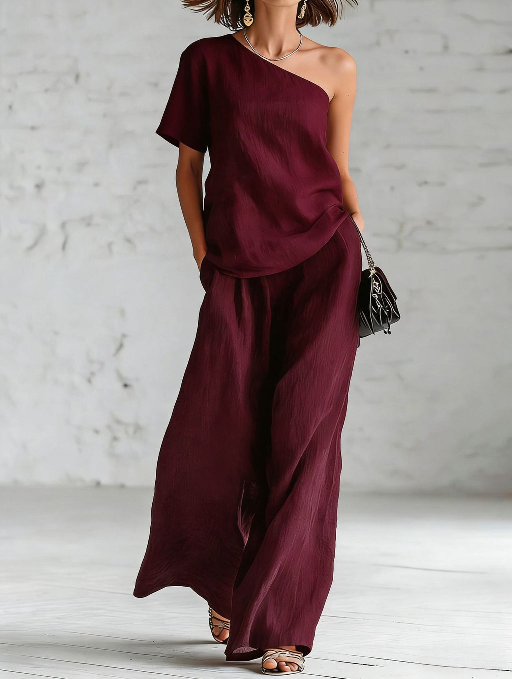 Women's Wide-Leg Pants & Top Set – 2-Piece Three-Quarter Sleeve Outfit