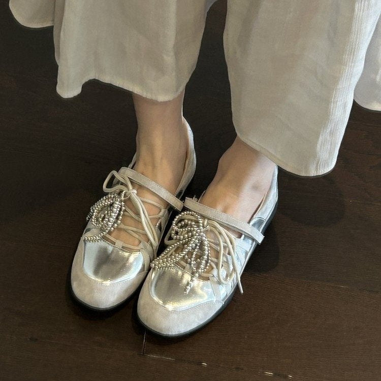 Women's Rhinestone Bow Lace-Up Mary Jane Flats – Cut-Out Cage