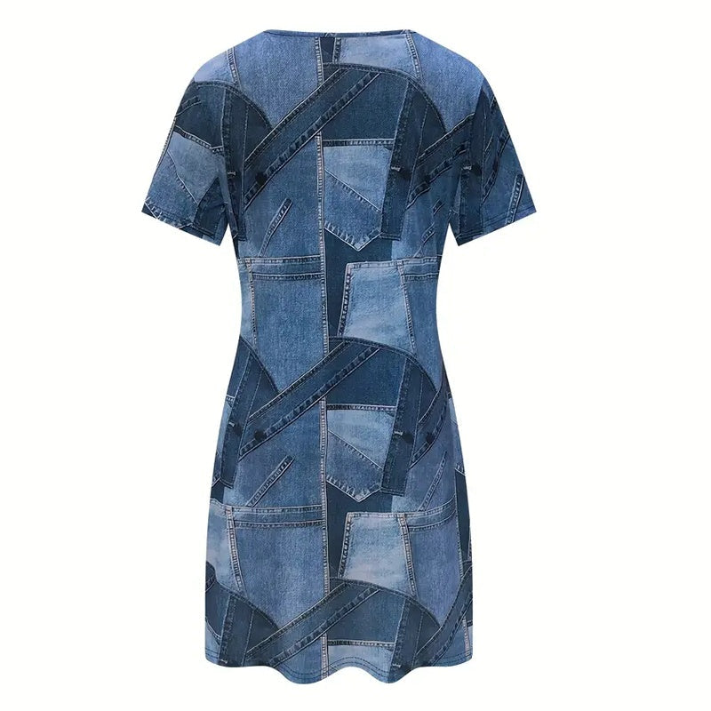 Women's Plus Size Digital Print Denim-Look Short Sleeve Dress