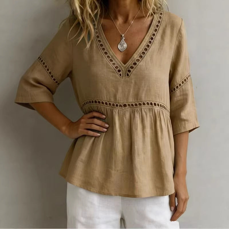 Women's V-Neck Hollow-Out Fringe Cotton-Linen Top