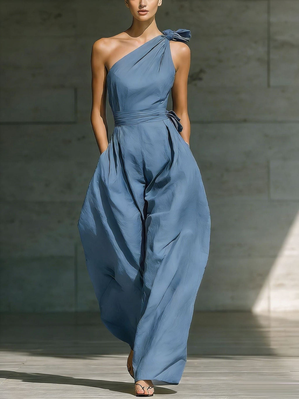 Women's Loose Sleeveless Off-Shoulder Belted Wide-Leg Jumpsuit