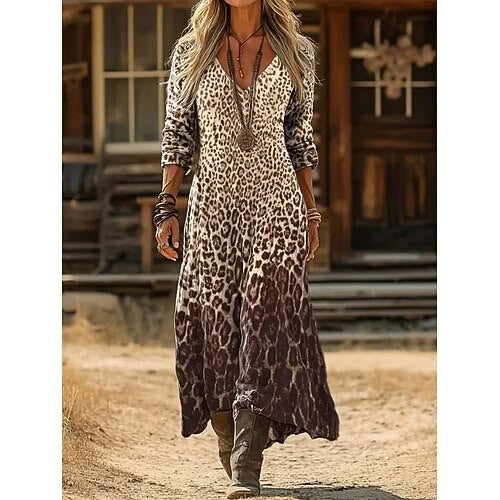 Women's Retro Chic 3D Print V-Neck Long-Sleeve A-Line Dress