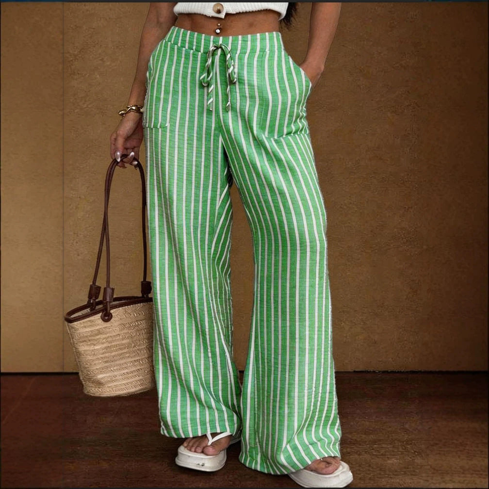 Women's Striped Wide-Leg Trousers – Lace-Up Elastic Waist Loose Fit