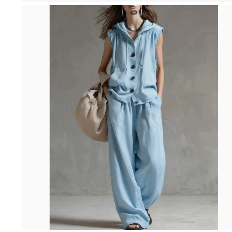 Sleeveless Hooded Top & Wide-Leg Pants Set | High-Waist Two-Piece
