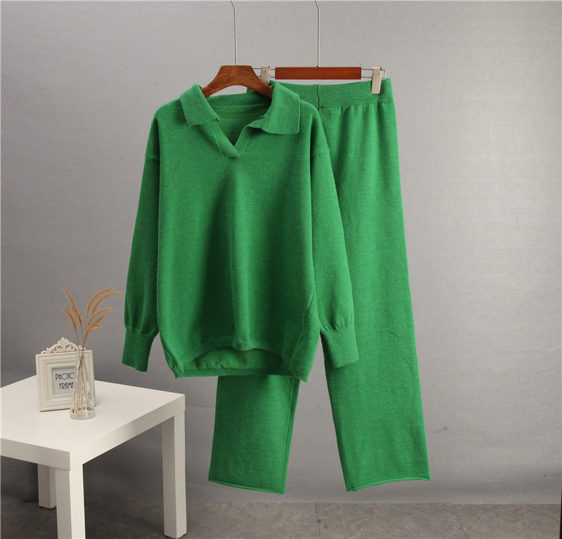 Solid Color Lapel Sweater Set for Women