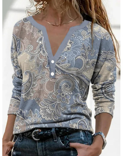 Women's Ethnic Print V-Neck Long Sleeve Loose T-Shirt