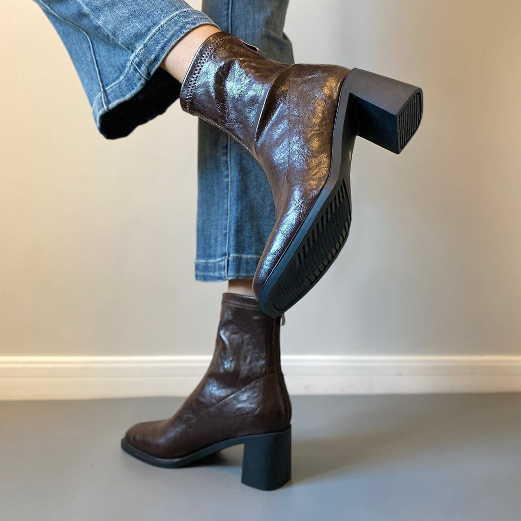 Stretch Retro Chunky Heels Commuter Boots — High Heel Style
