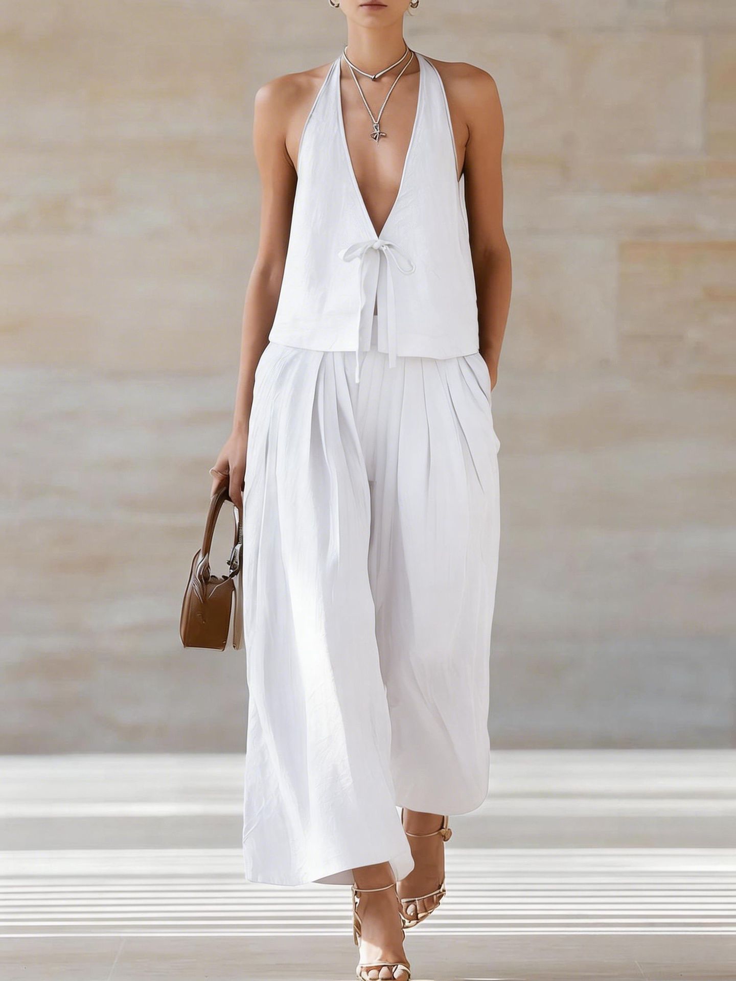 Women's Sleeveless Vest & Wide-Leg Pants Set – 2-Piece Lace-Up Outfit