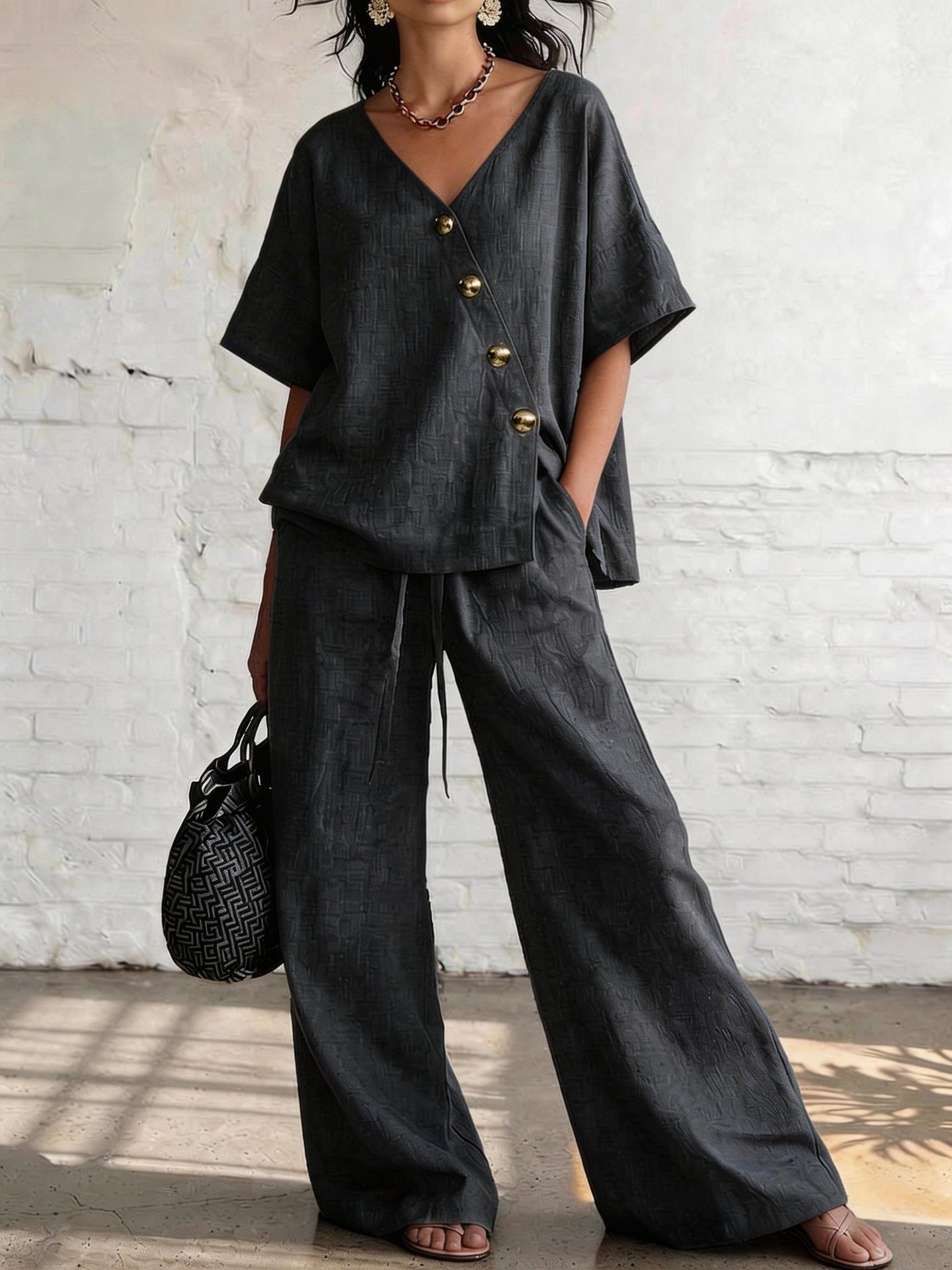 Women's Loose Cotton-Linen V-Neck Top & Wide-Leg Pants Set