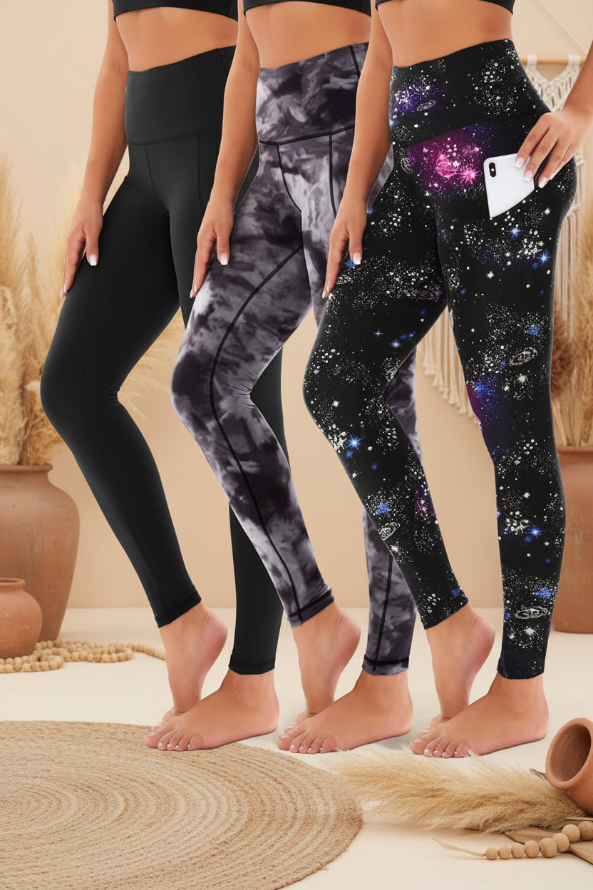3-Pack High-Waisted Cropped Yoga Pants with Slanted Pockets