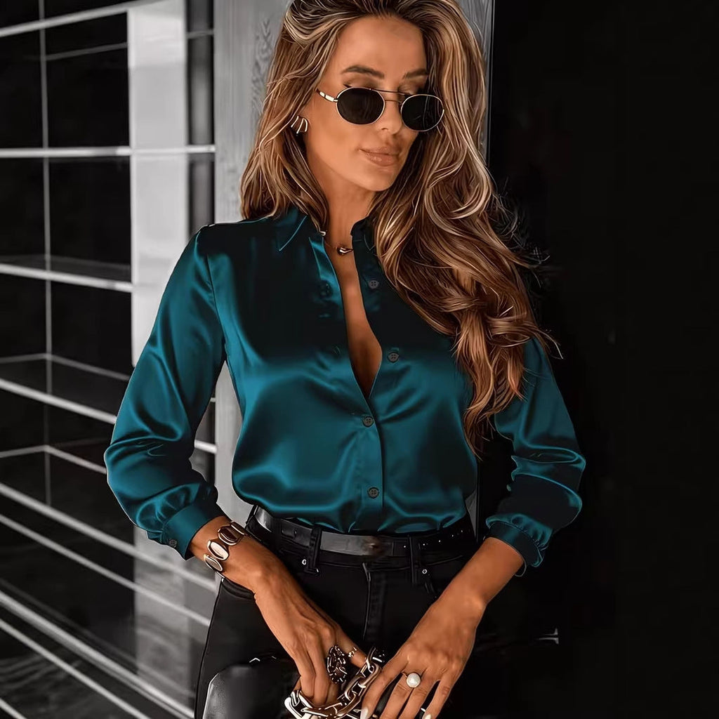 Women's Drapey Satin Lapel Shirt Long Sleeve