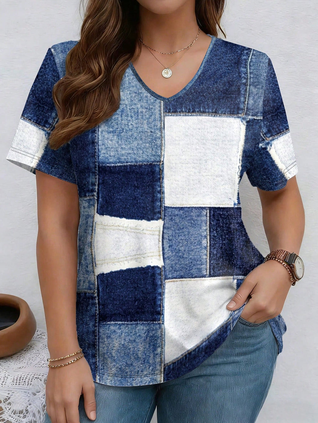 V-Neck Denim Print Short Sleeve T-Shirt | Loose Casual Tee