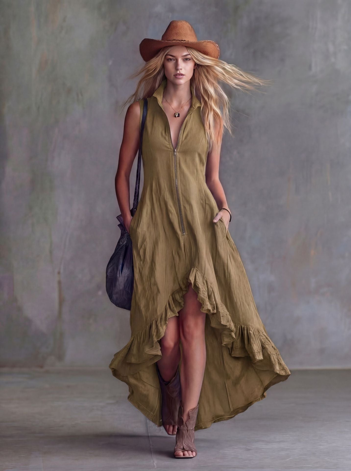 Lapel Collar Zip-Front Ruffle Hem Boho Dress