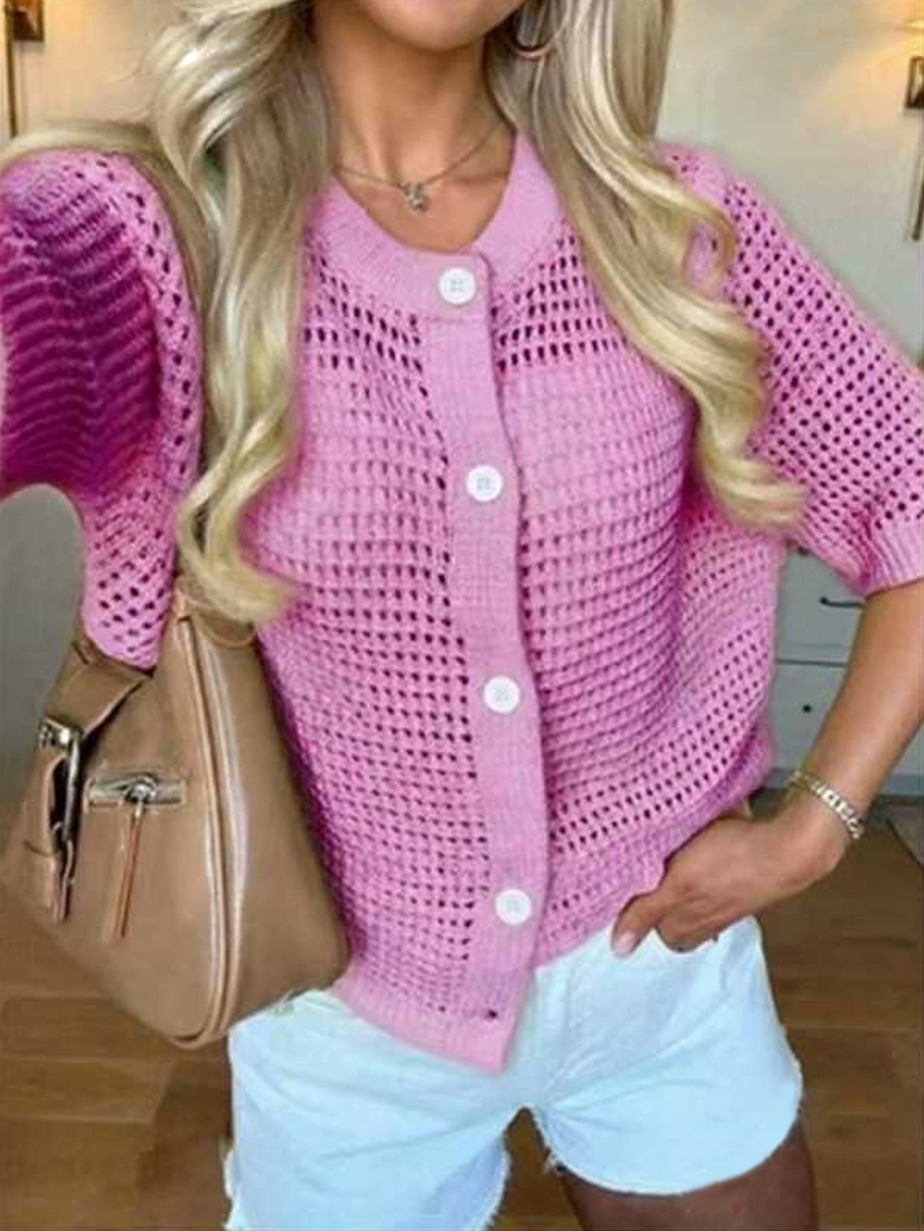 Women's Hollow-Out Knit Cardigan – Open Front, Short Sleeve, Solid Color