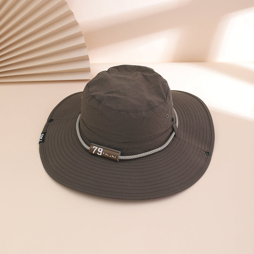 Wide-Brim Leather Patch Fisherman Hat – UV Sun Protection Outdoor Hat