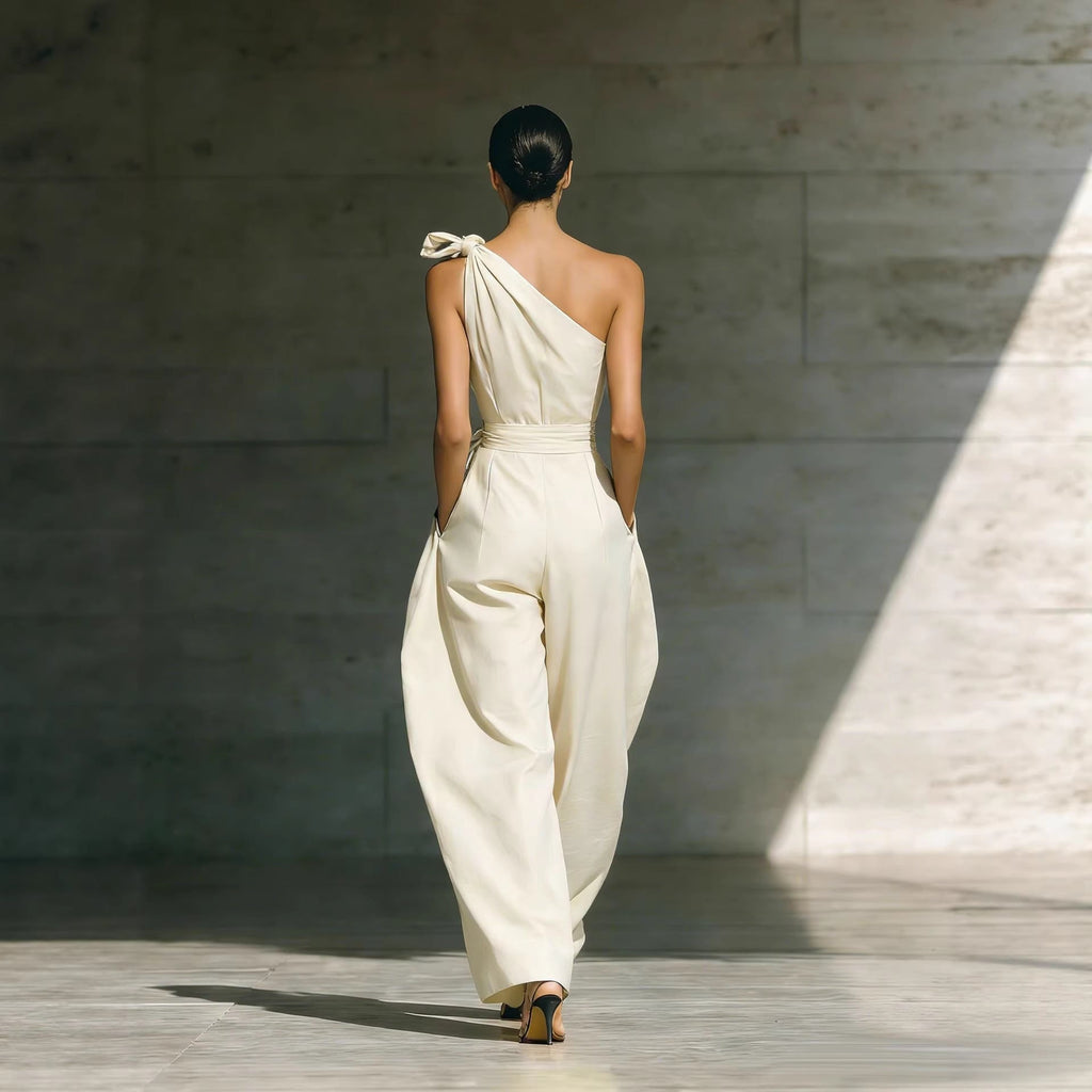 Women's Loose Sleeveless Off-Shoulder Belted Wide-Leg Jumpsuit