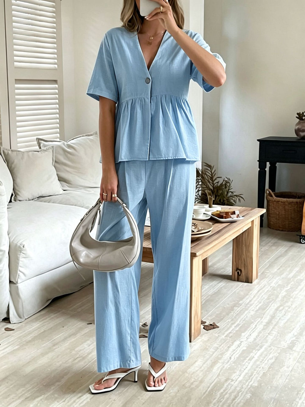 Women's V-Neck Loose Short-Sleeve Top & Wide-Leg Pants Set