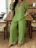 Women’s Ethnic Two Piece Set with Long Sleeve Shirt and Cropped Pants