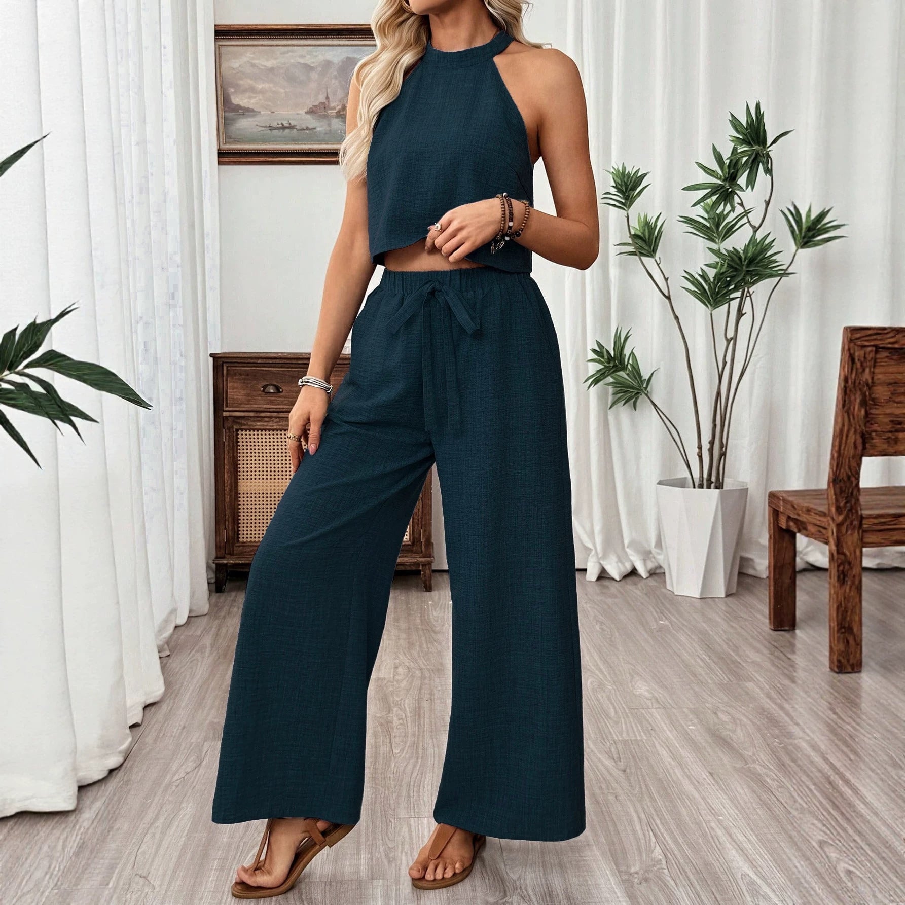 Women's Halter Neck Cropped Top & Wide-Leg Pants Two-Piece Set