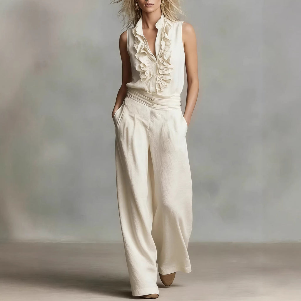 Women’s Linen Blend Two-Piece Set – Sleeveless Shirt & Wide-Leg Pants