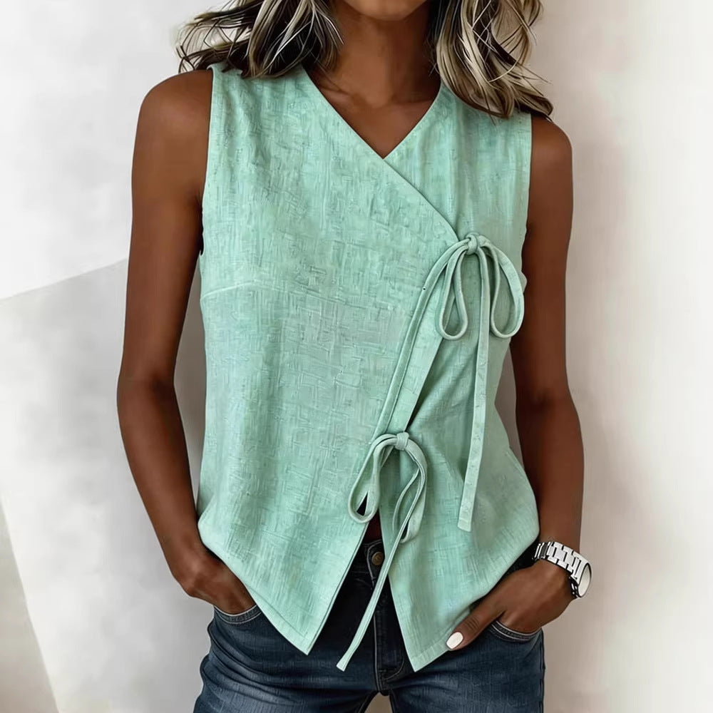 Bow-Tied V-Neck Sleeveless Tank Top – 5 Colors, S–XXL