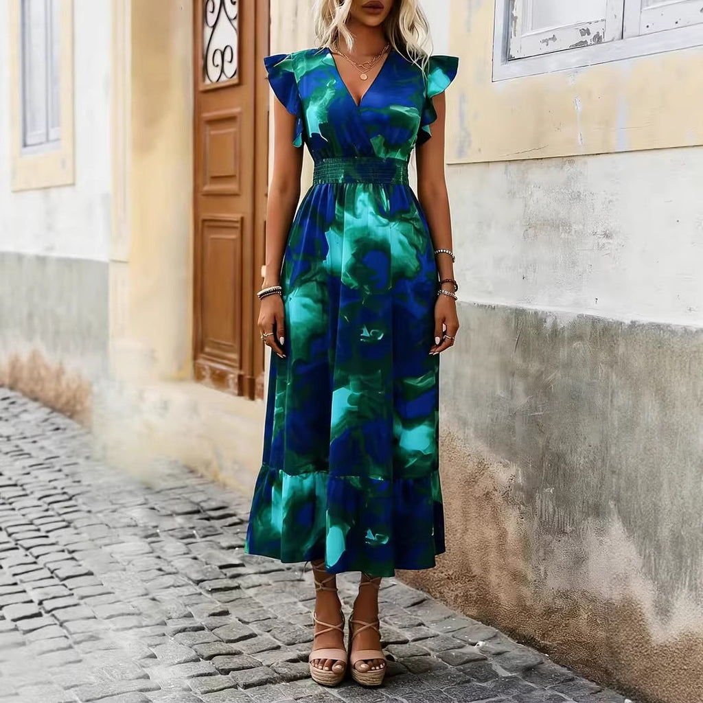 Women's V-Neck Floral Print A-Line Midi Dress – High Waist Sleeveless