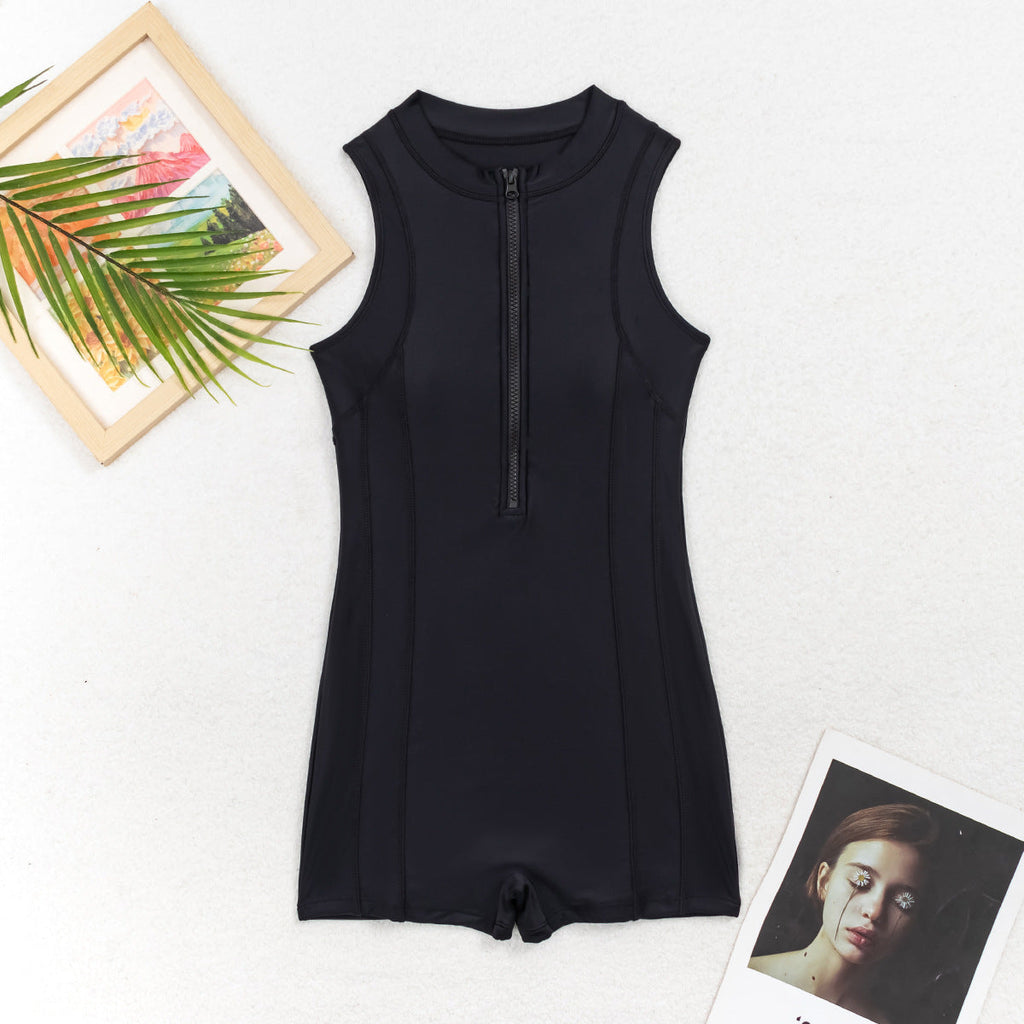 Women's Zip-Up Sleeveless Athletic One-Piece Swimsuit – Conservative High-Waist