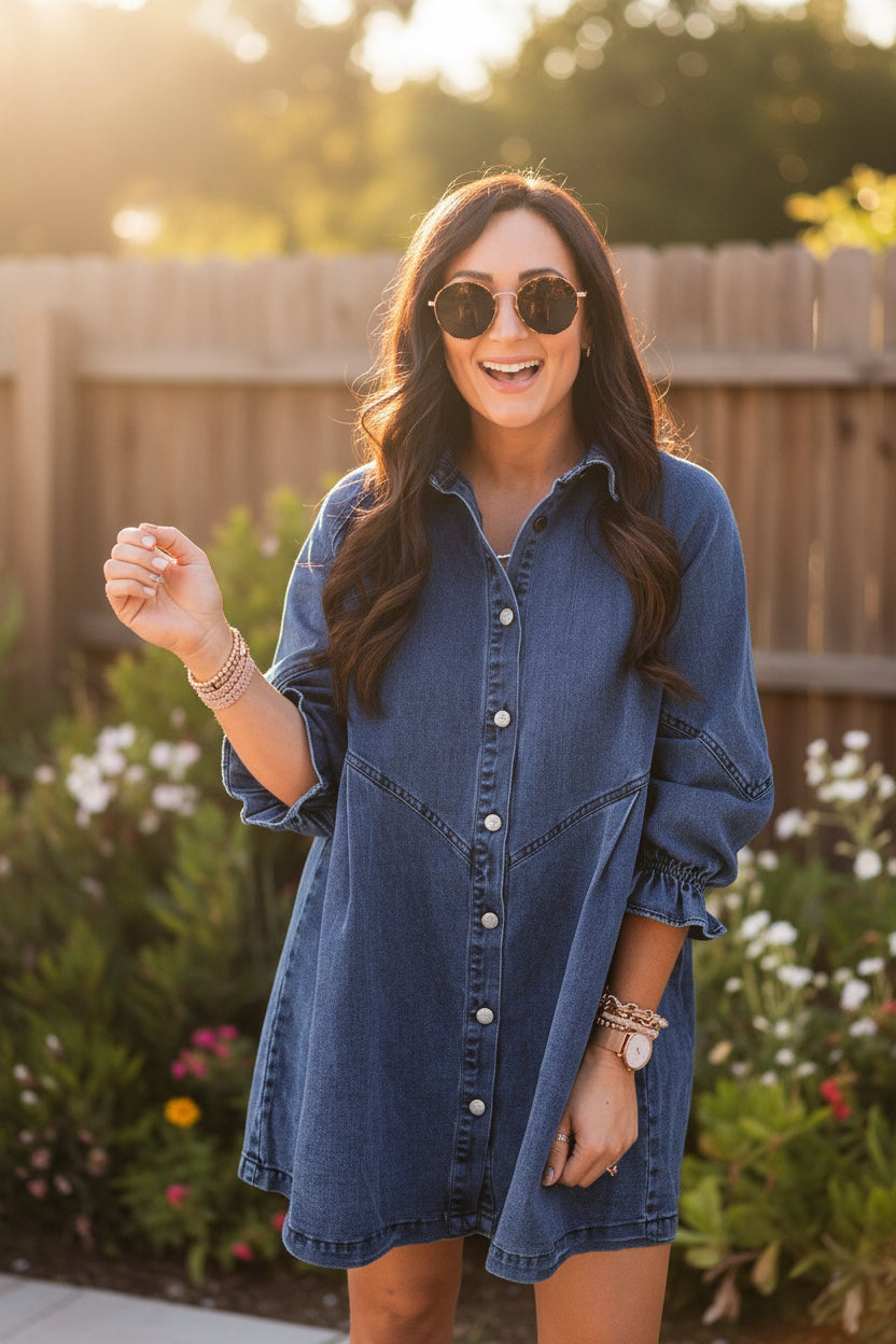 Women's Three-Quarter Sleeve Denim Dress – Ruffle Detail Mid-Length
