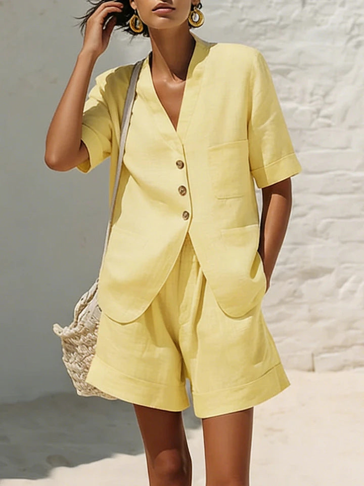 Women's Cotton-Linen Loose-Fit T-Shirt & Cropped Shorts Two-Piece Set