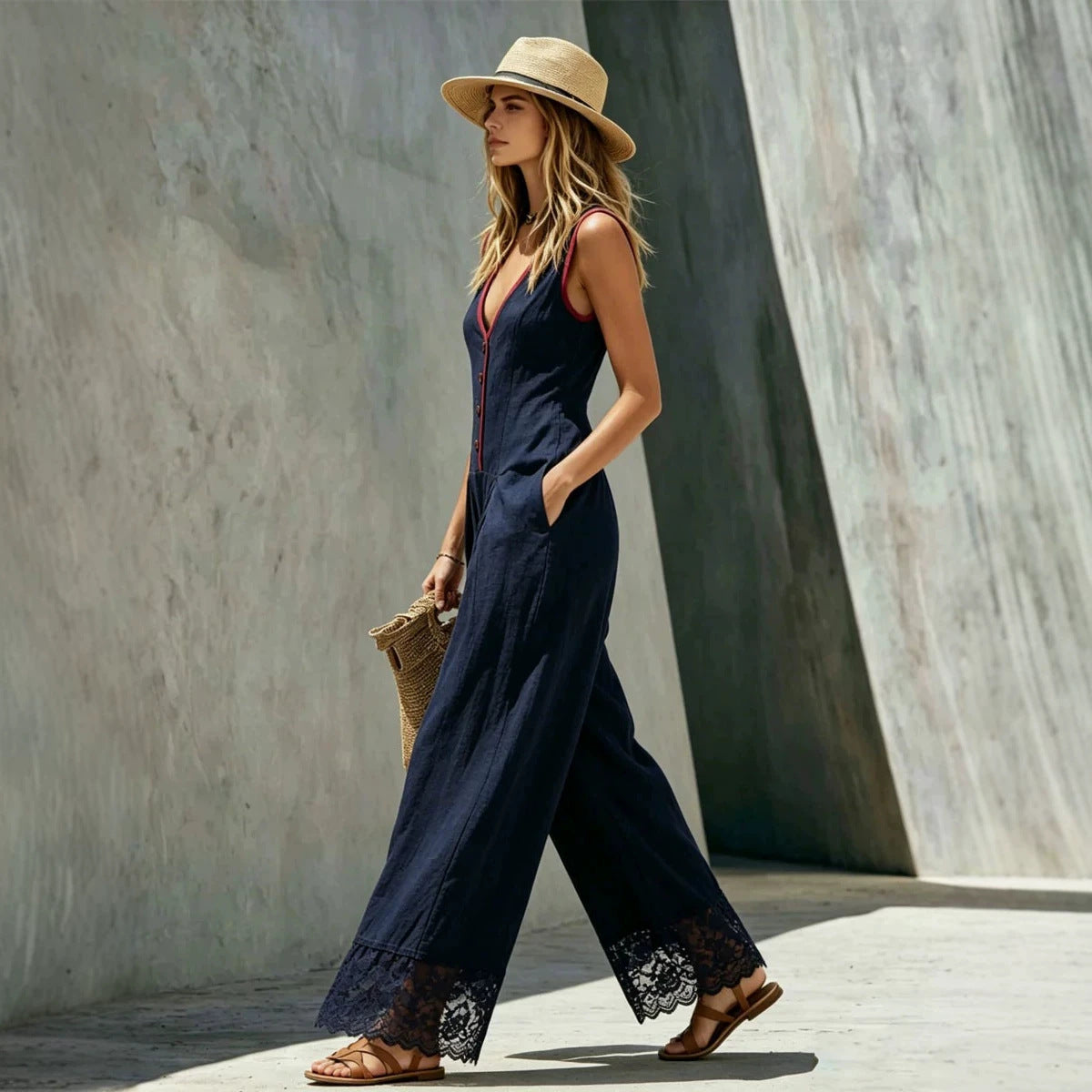 Women's Lace-Spliced Jumpsuit with Pockets – Sleeveless, High Waist, Straight Leg