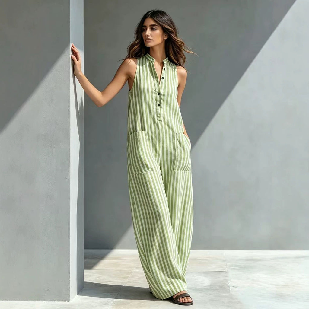 V-Neck Sleeveless Striped Loose Cropped Jumpsuit | 3 Colors S–3XL