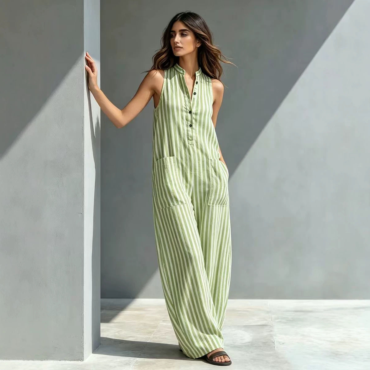 V-Neck Sleeveless Striped Loose Cropped Jumpsuit | 3 Colors S–3XL