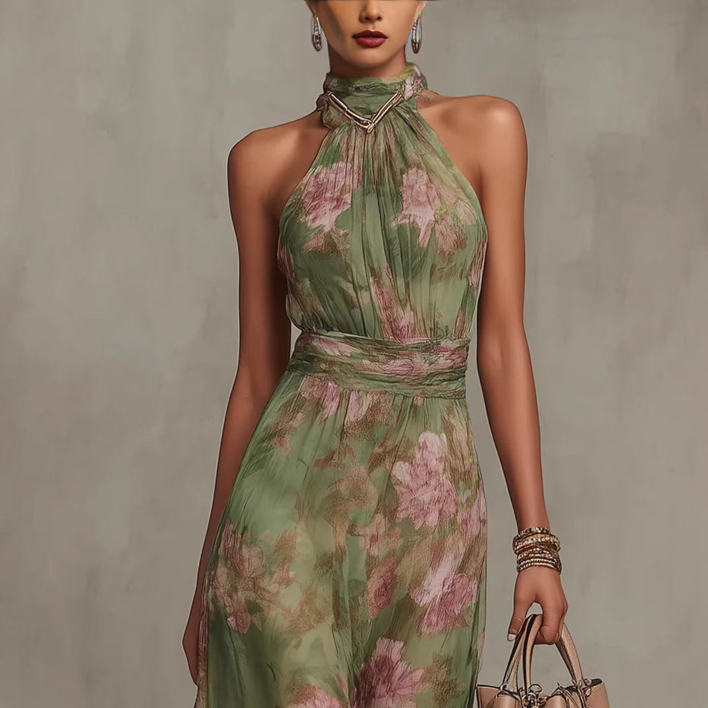 Green Graffiti Print Mesh Suspender Maxi Dress – High-Waist Irregular Slit Streetwear Dress