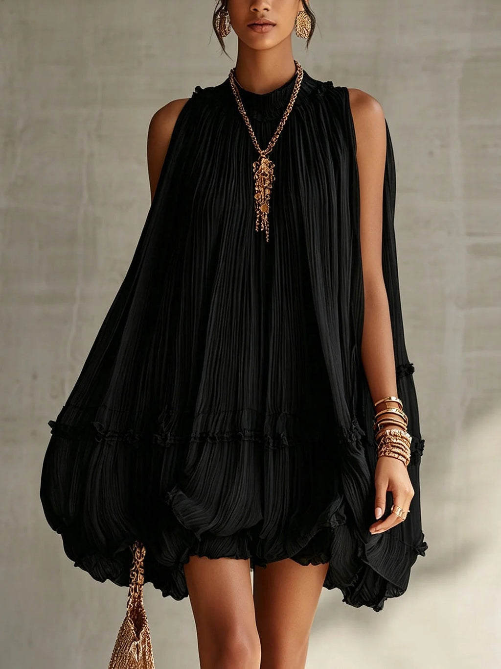 Women's Sleeveless Pleated Puff Skirt A-Line Mini Dress – Ruffled Hem Baby Doll
