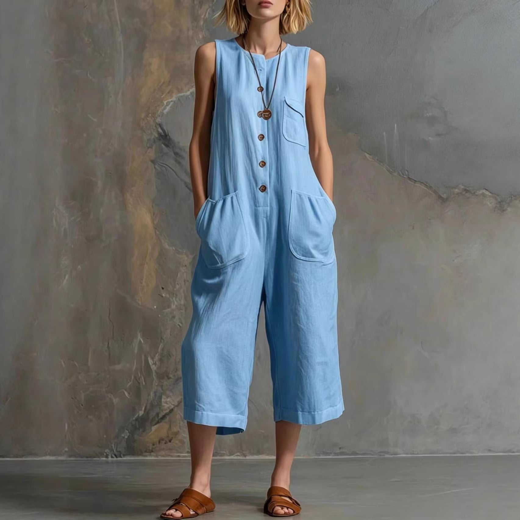 Women's Retro Sleeveless Wide-Leg Cropped Jumpsuit
